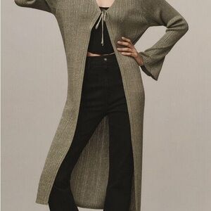 Light weight longline olive green and metallic duster/sweater by Anthropology